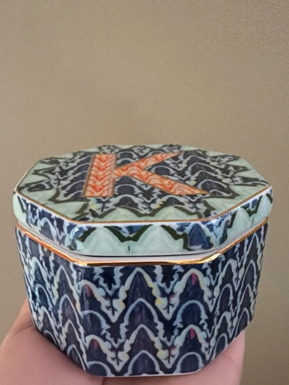 Anthropologie Decorative Octagon Jewelry Box with Orange 'K' Monogram